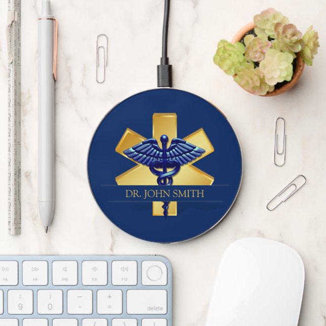 Gold Cross EMT Blue Medical 3D Caduceus Wireless Charger (Desk)