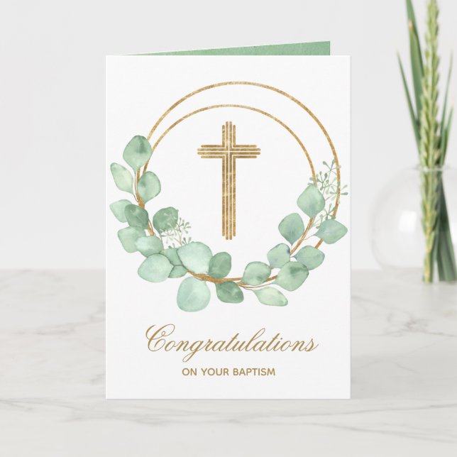 Gold Cross Eucalyptus Baptism Card (Front)