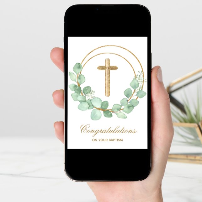 Gold Cross Eucalyptus Baptism Card (Front Digital)