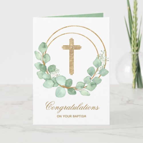 Gold Cross Eucalyptus Baptism Card