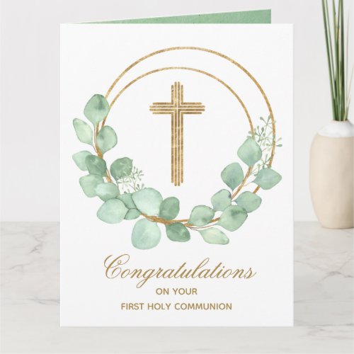Gold Cross Eucalyptus First Communion Card