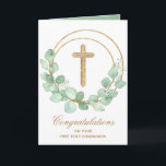 Gold Cross Eucalyptus First Communion Card<br><div class="desc">A gold faux glitter cross and eucalyptus leaf wreath highlight this religious greeting card. Perfect for a first communion,  baptism or christening. Personalize the greeting inside or leave as is. MATCHING items available in our store.</div>