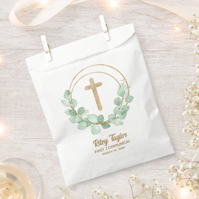 Gold Cross Eucalyptus First Communion Favor Bag (Clipped)