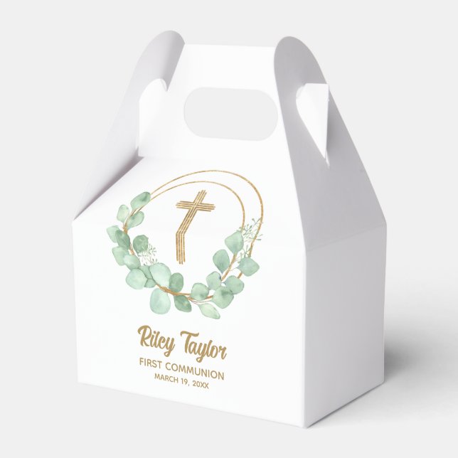 Gold Cross Eucalyptus First Communion Favor Boxes (Front Side)