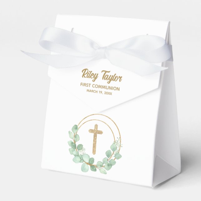 Gold Cross Eucalyptus First Communion Favor Boxes (Front Side)