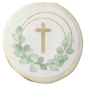 Gold Cross Eucalyptus First Communion Sugar Cookie (Front)