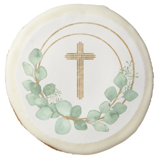 Gold Cross Eucalyptus First Communion Sugar Cookie (Front)