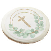 Gold Cross Eucalyptus First Communion Sugar Cookie (Angled)