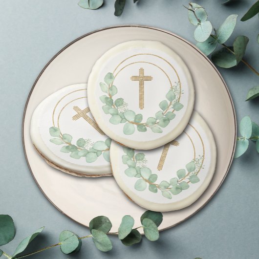 Gold Cross Eucalyptus First Communion Sugar Cookie