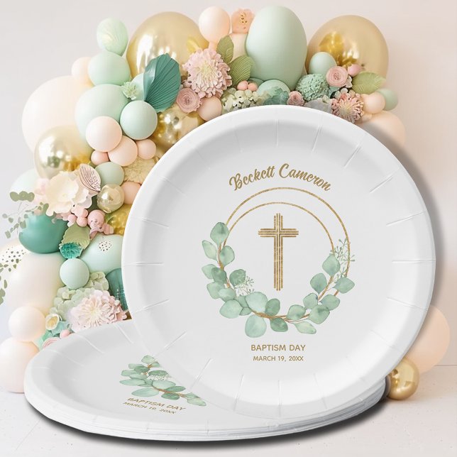 Gold Cross Eucalyptus Wreath Baptism Paper Plates (Creator Uploaded)