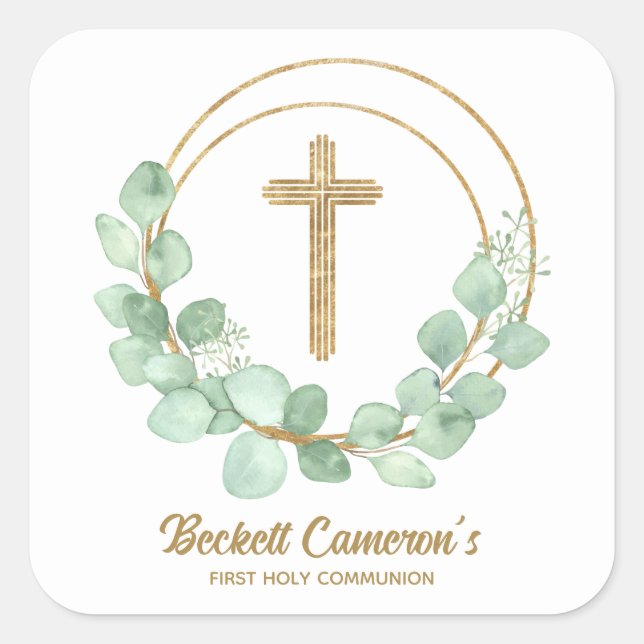 Gold Cross Eucalyptus Wreath Communion Square Sticker (Front)
