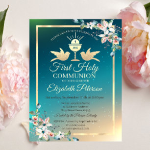 Gold Cross Floral First Holy Communion Invitation