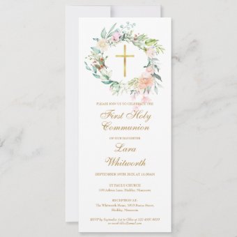 Gold Cross Floral First Holy Communion Invitation | Zazzle