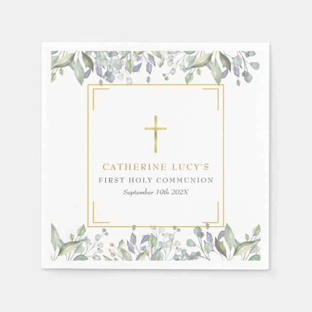 Gold Cross Floral First Holy Communion Napkins (Front)