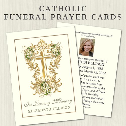 Gold Cross Floral Funeral Memorial Prayer Cards