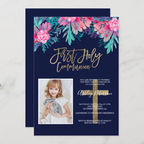 Gold cross floral photo navy First Holy Communion Invitation