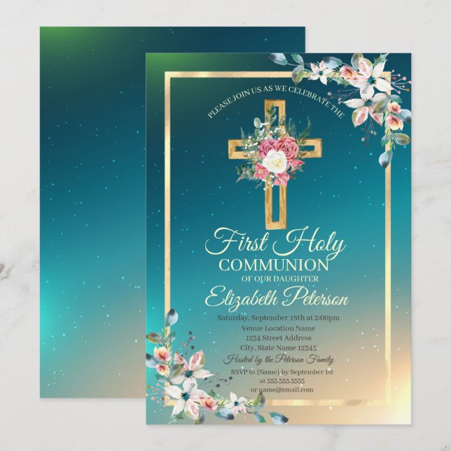 Gold Cross Floral Roses First Holy Communion  Invitation (Front/Back)