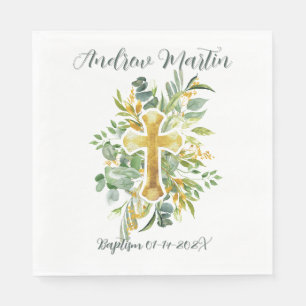 Gold Cross Floral Watercolor Baptism 1st Communion Napkins