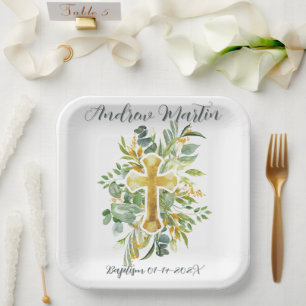 Gold Cross Floral Watercolor Baptism 1st Communion Paper Plates