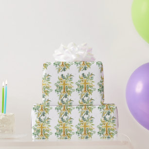 Gold Cross Floral Watercolor Baptism 1st Communion Wrapping Paper