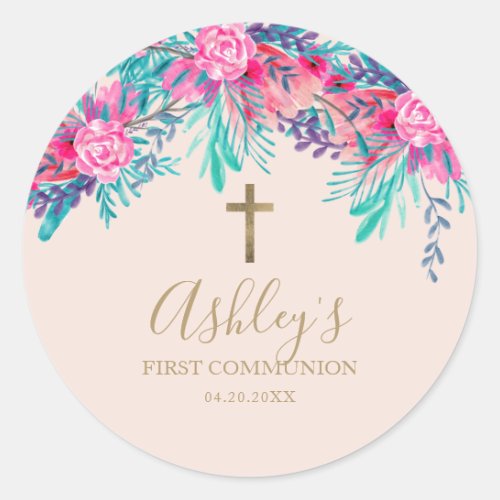 Gold cross floral watercolor First Holy Communion Classic Round Sticker