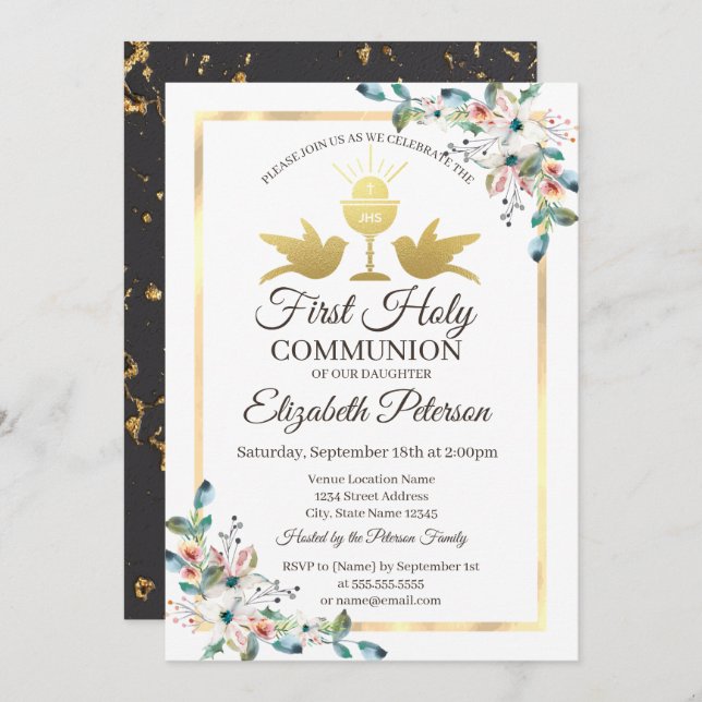 Gold Cross Frame Floral First Holy Communion  Invitation (Front/Back)