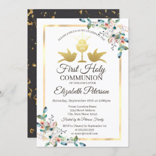 Gold Cross Frame Floral First Holy Communion Invitation