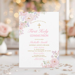 Gold Cross Girl’s Communion Elegant Watercolor  Invitation