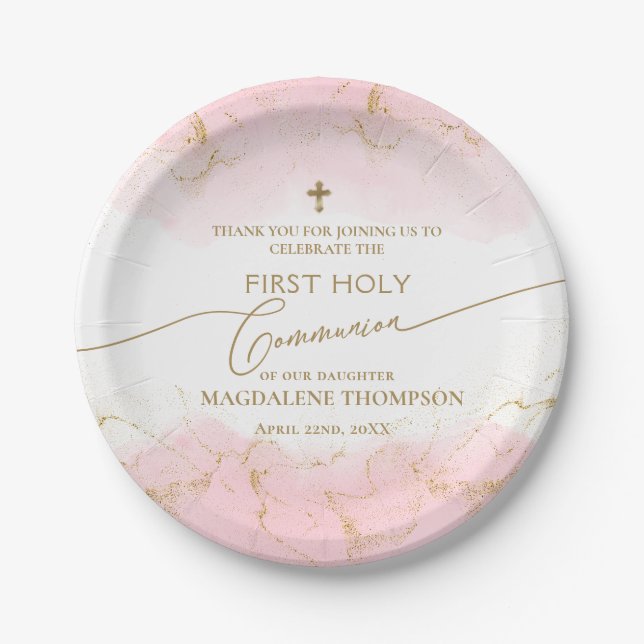 Gold Cross Girl Thank You First Holy Communion Paper Plates (Front)