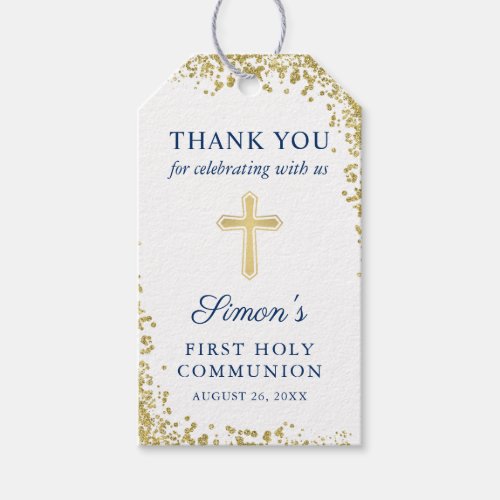 Gold Cross Glitter Navy Blue First Holy Communion Gift Tags