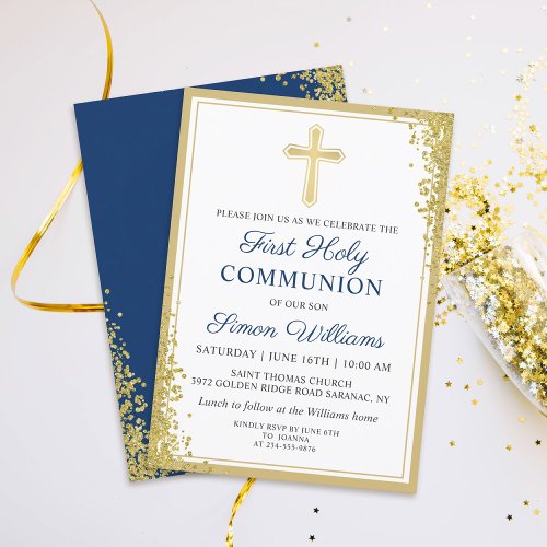 Gold Cross Glitter Navy Blue First Holy Communion Invitation