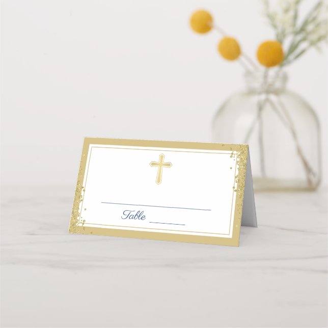 Gold Cross Glitter Navy Blue First Holy Communion Place Card (Front)