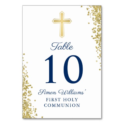 Gold Cross Glitter Navy Blue First Holy Communion Table Number