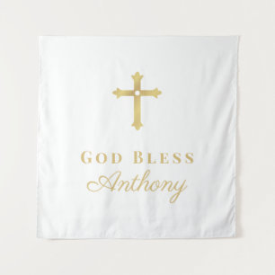 Gold Cross God Bless Baby Custom Baptism Tapestry