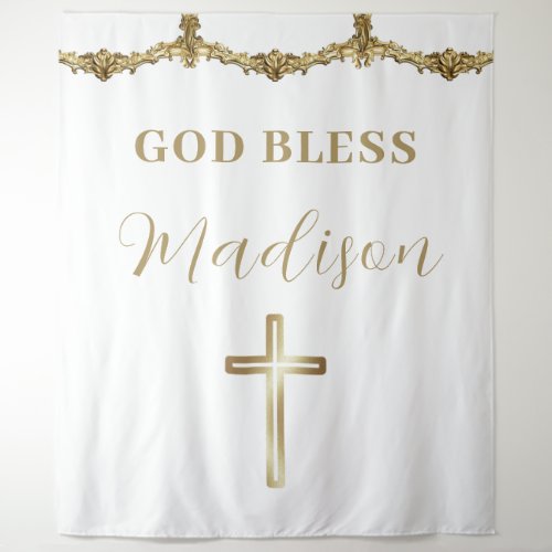 Gold Cross God Bless Baby Custom Baptism Tapestry