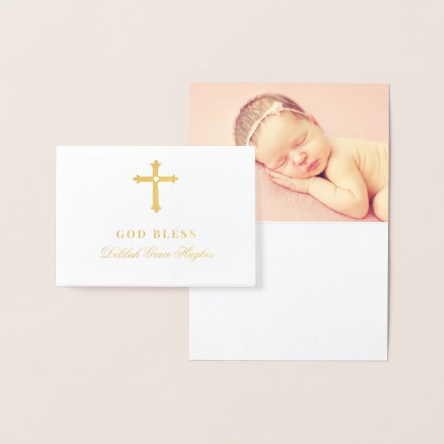 Gold Cross God Bless Baby Girl Baptism Foil Card (Display)