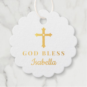 Gold Cross God Bless Baby Religious Baptism Foil Favor Tags