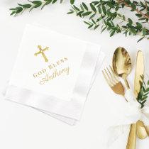 Gold Cross God Bless Baby Religious Baptism Napkins