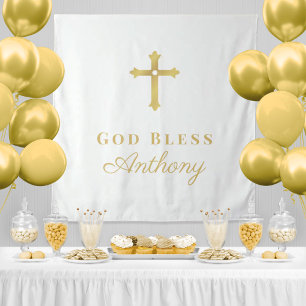 Gold Cross God Bless Baptism Party Backdrop