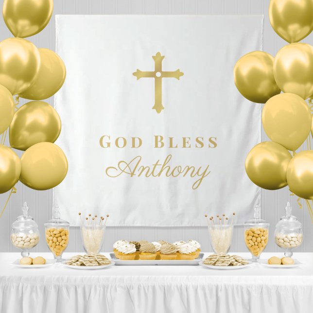 Gold Cross God Bless Baptism Party Backdrop (Creator Uploaded)