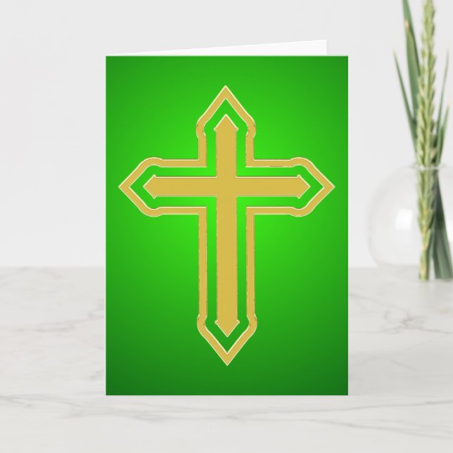 Gold Cross Green backgound Holiday Card (Front)