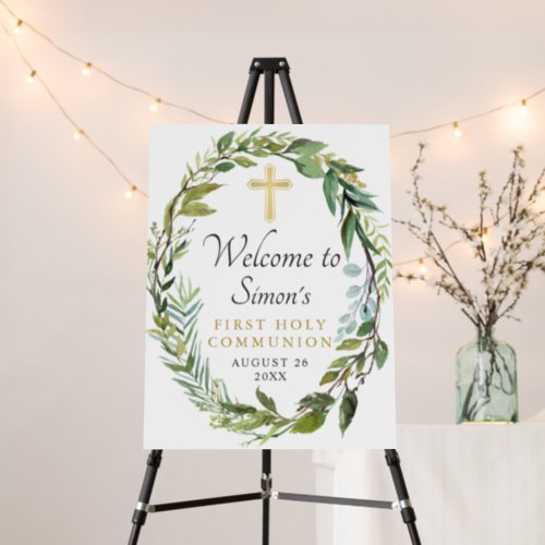 Gold Cross Greenery Wreath First Holy Communion Foam Board