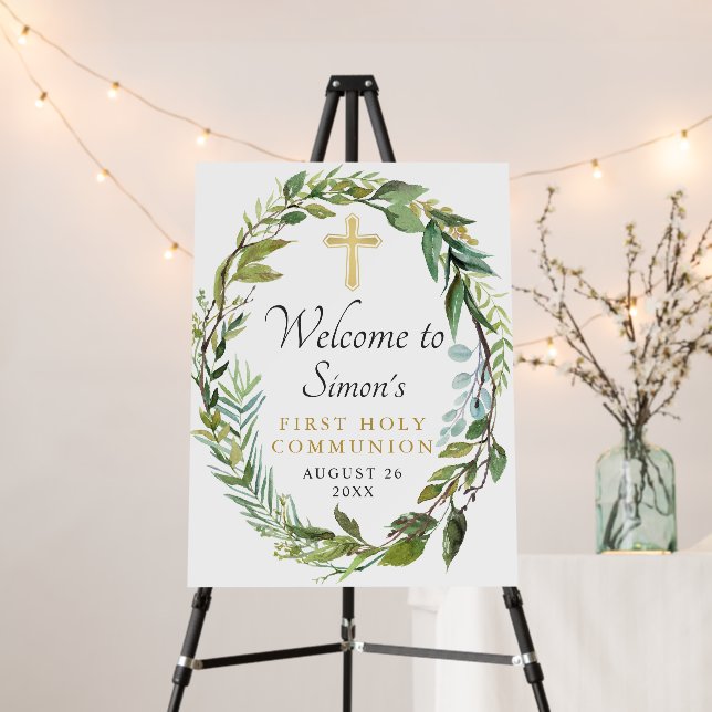 Gold Cross Greenery Wreath First Holy Communion Foam Board (In Situ (Stand))