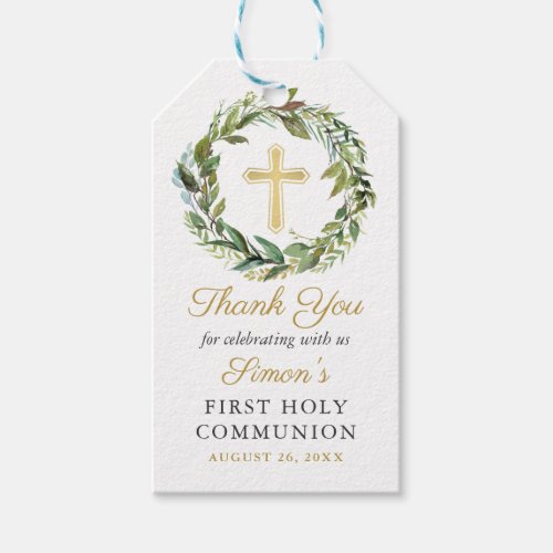 Gold Cross Greenery Wreath First Holy Communion Gift Tags