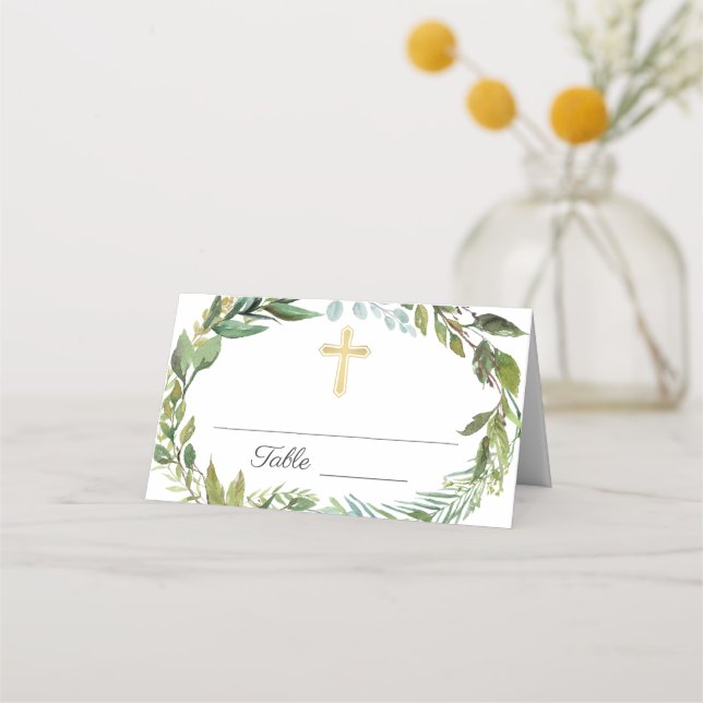 Gold Cross Greenery Wreath First Holy Communion Place Card (Front)
