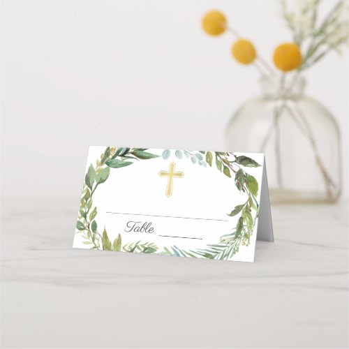 Gold Cross Greenery Wreath First Holy Communion Place Card