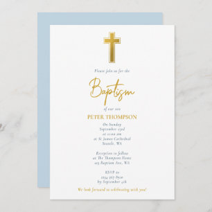 Gold Cross Hand Written Script Boy Baptism Invitation