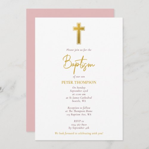 Gold Cross Hand Written Script Girl Baptism Invitation