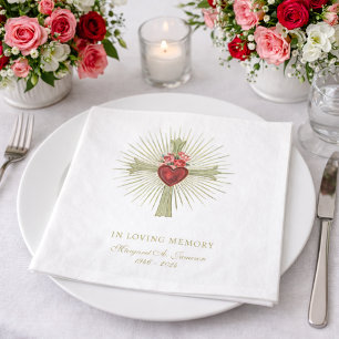 Gold Cross Heart Red Roses Funeral  Napkins