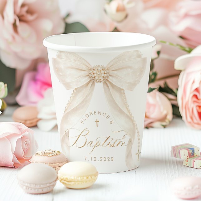 Gold Cross Ivory Bow Elegant Baptism Paper Cups (Creator Uploaded)